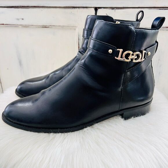 Liz Claiborne Shoes - Liz Claiborne Black Vegan Leather Gold Emblem Comfort Low Heel Boots Size 10